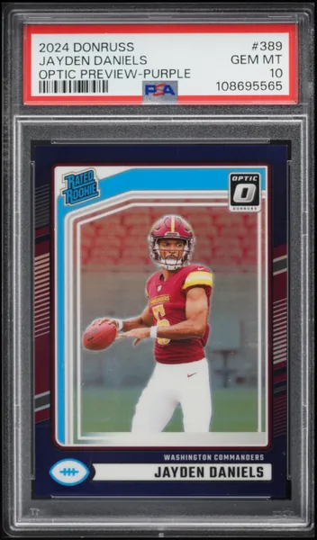 2024 Donruss Optic Preview Purple Prizm Jayden Daniels ROOKIE /50 #389 PSA 10 GEM MINT