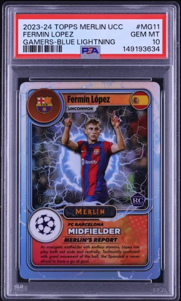 2023 Topps Merlin UEFA CC Merlin's Gamers Blue Lightning Fermin Lopez RC /75 #MG11 PSA 10 GEM