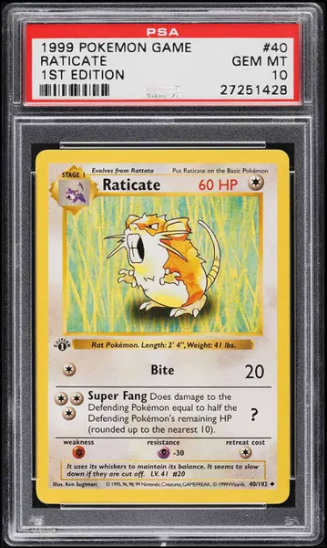 1999 Pokemon Base Set Shadowless 1st Edition Raticate #40 PSA 10 GEM MINT